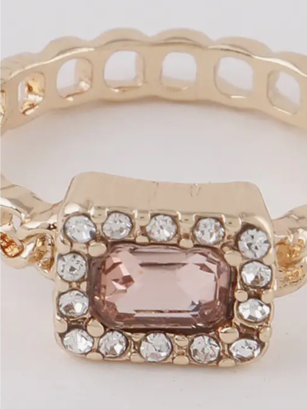 Gold Ring with Pink Rectangular Center Stone and Crystal Halo